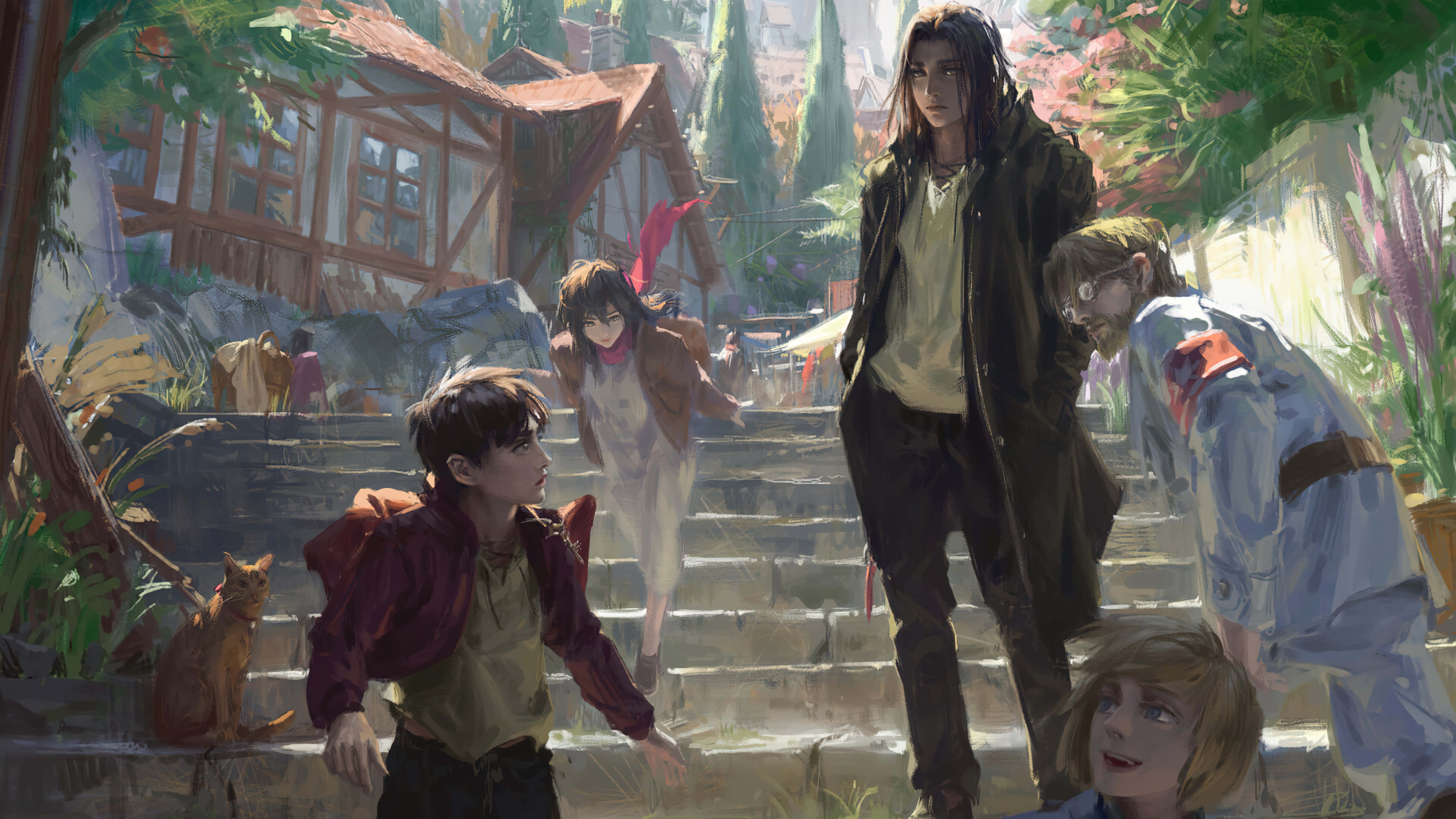 進擊的巨人 桌布 壁紙 — 一群動漫角色聚集在陽光明媚的村莊石階上，周圍有木屋和茂密的綠植。