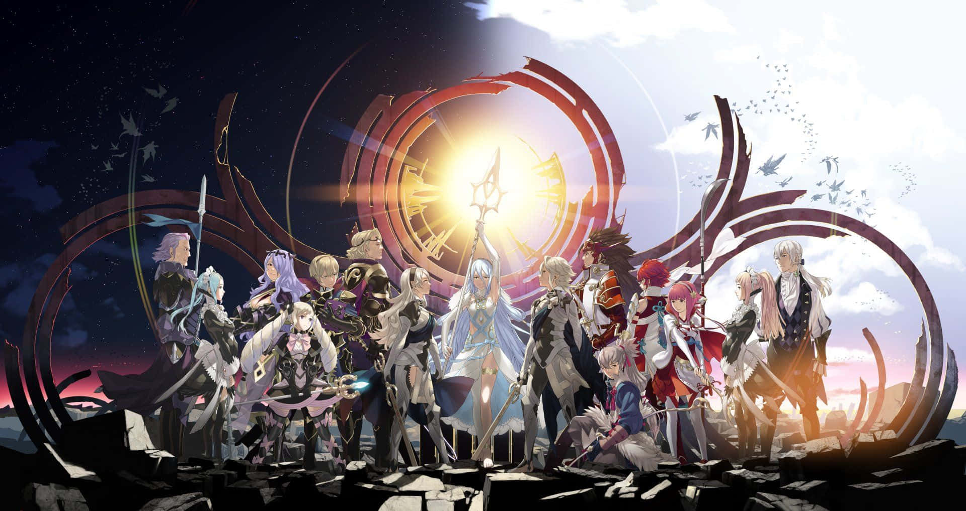 穿著奇幻盔甲的動漫角色在暮色中站在發光的神器前。 — Fire Emblem Warriors 壁紙