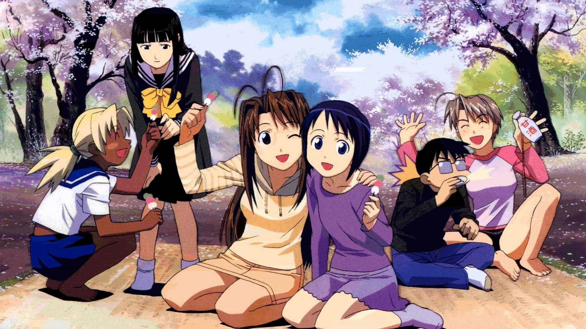 Hina 桌布 壁紙 — 一群動漫青少年在盛開的櫻花樹下歡樂地聚集，手持煙火，在充滿活力的春季公園中。