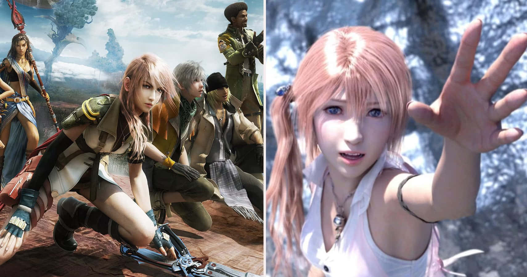 Final Fantasy Characters 桌布 壁紙 — 一群動漫風格的冒險者穿著精緻的奇幻裝備，在陽光普照的戶外場景中動態擺姿勢。