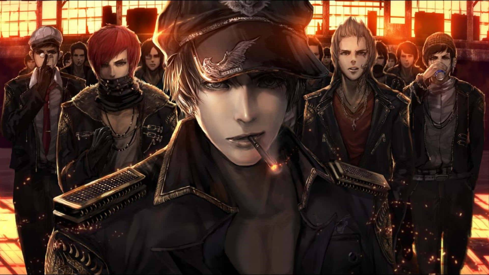 Anime Group 桌布 壁紙 — 一群動漫風格的叛逆者穿著皮夾克，在陽光照耀的工業大廳中挑釁地站著，煙霧從香煙中升起。