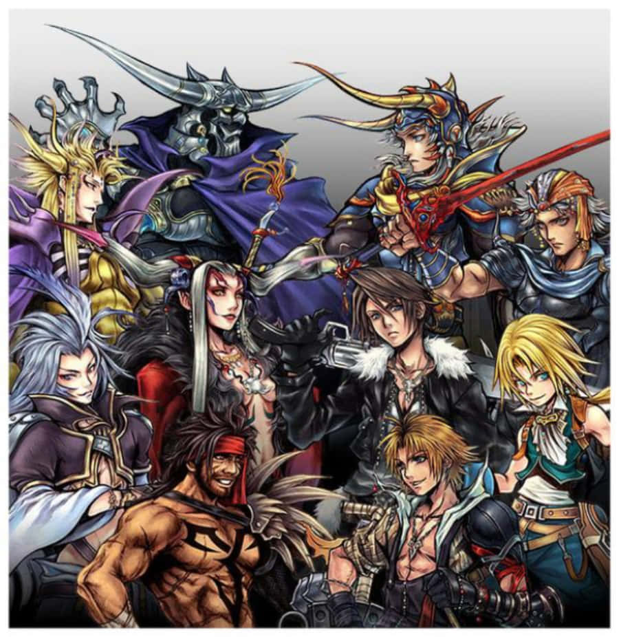 Final Fantasy Characters 桌布 壁紙 — 一群動漫風格的奇幻戰士和怪物，在樸素背景前英勇地擺出姿勢，充滿動感。