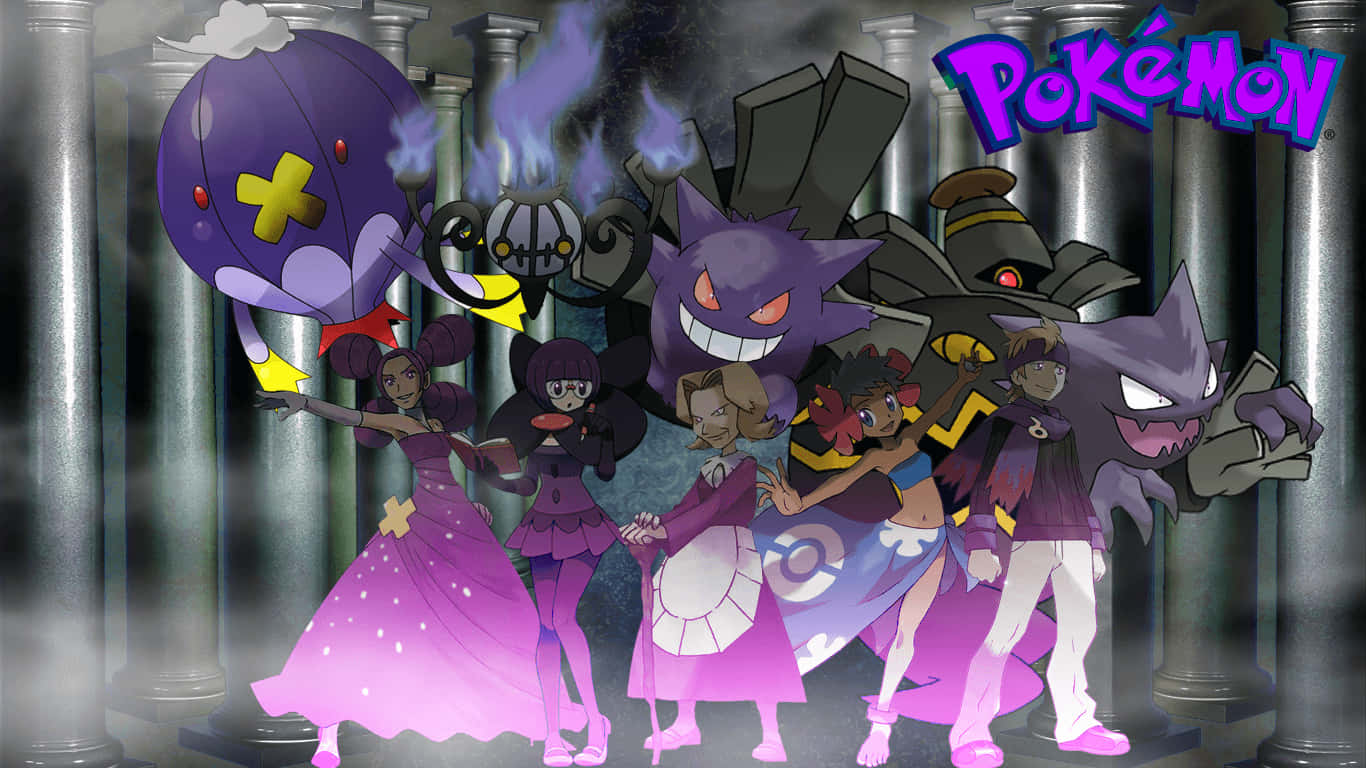 Ghost Pokemon 桌布 壁紙 — 一群動漫風格的寶可夢和訓練家穿著紫色服裝，站在黑暗柱子前，有發光的紫色煙霧和寶可夢標誌。