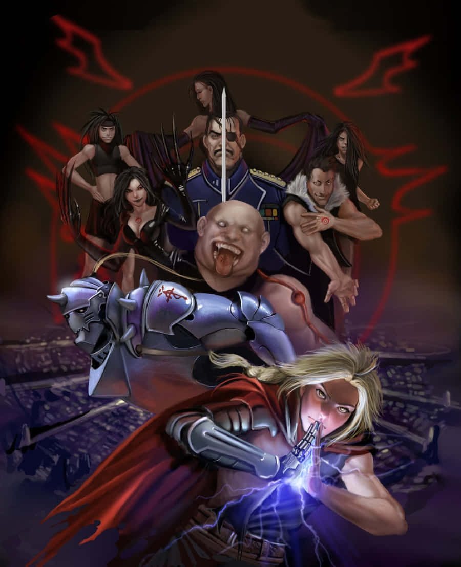 Fullmetal Alchemist Gluttony 桌布 壁紙 — 一群動漫風格的戰士與反派，在黑暗城市景觀與紅色能量條紋的背景下擺出戲劇性姿勢。
