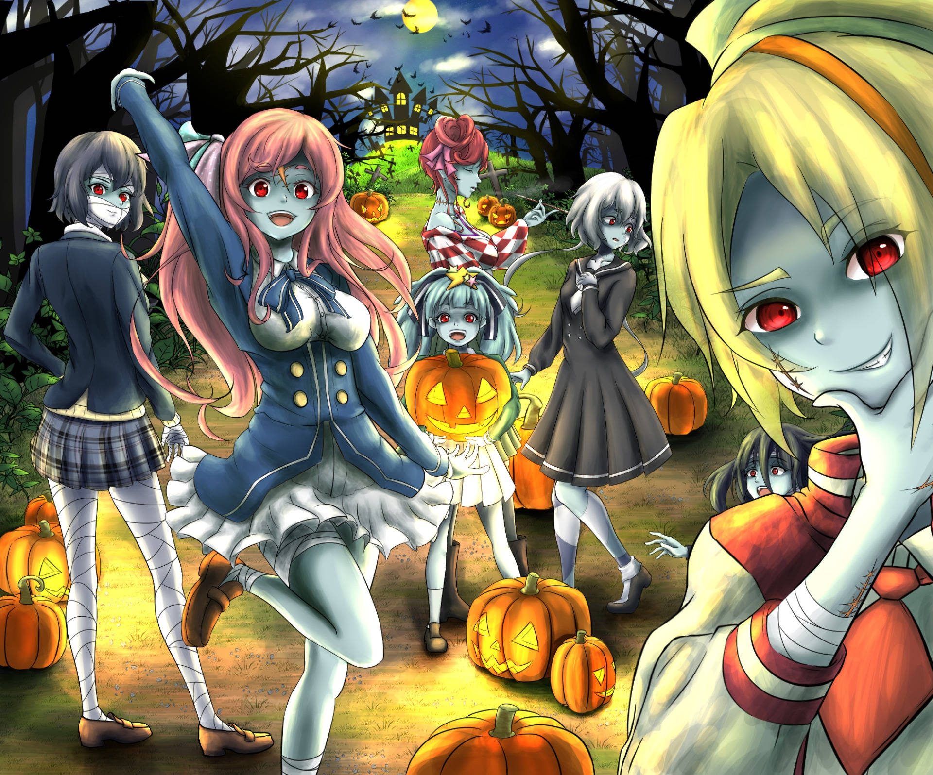 zombie land saga 桌布 壁紙 — 一群動漫風格的殭屍女學生穿著校服，在滿月下的詭異森林中，在發光的南瓜燈間歡快地跳舞。