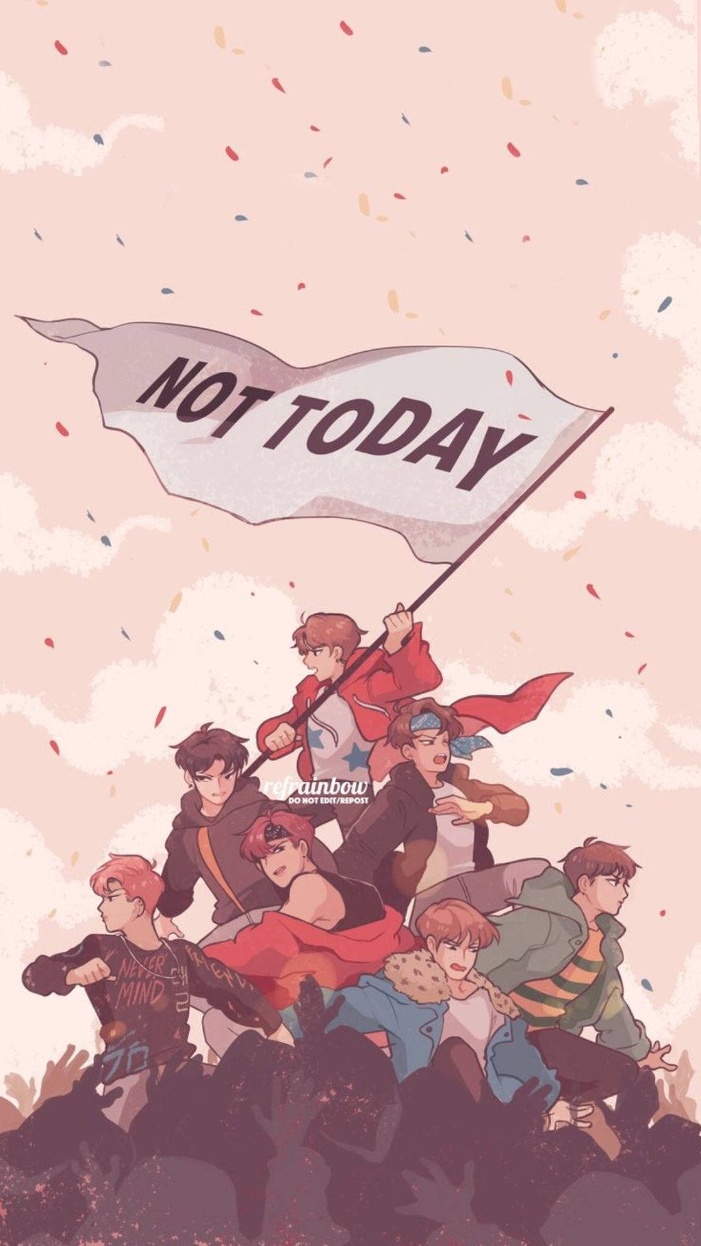 動漫男孩舉著一面「NOT TODAY」旗幟，周圍飄落著五彩紙屑。