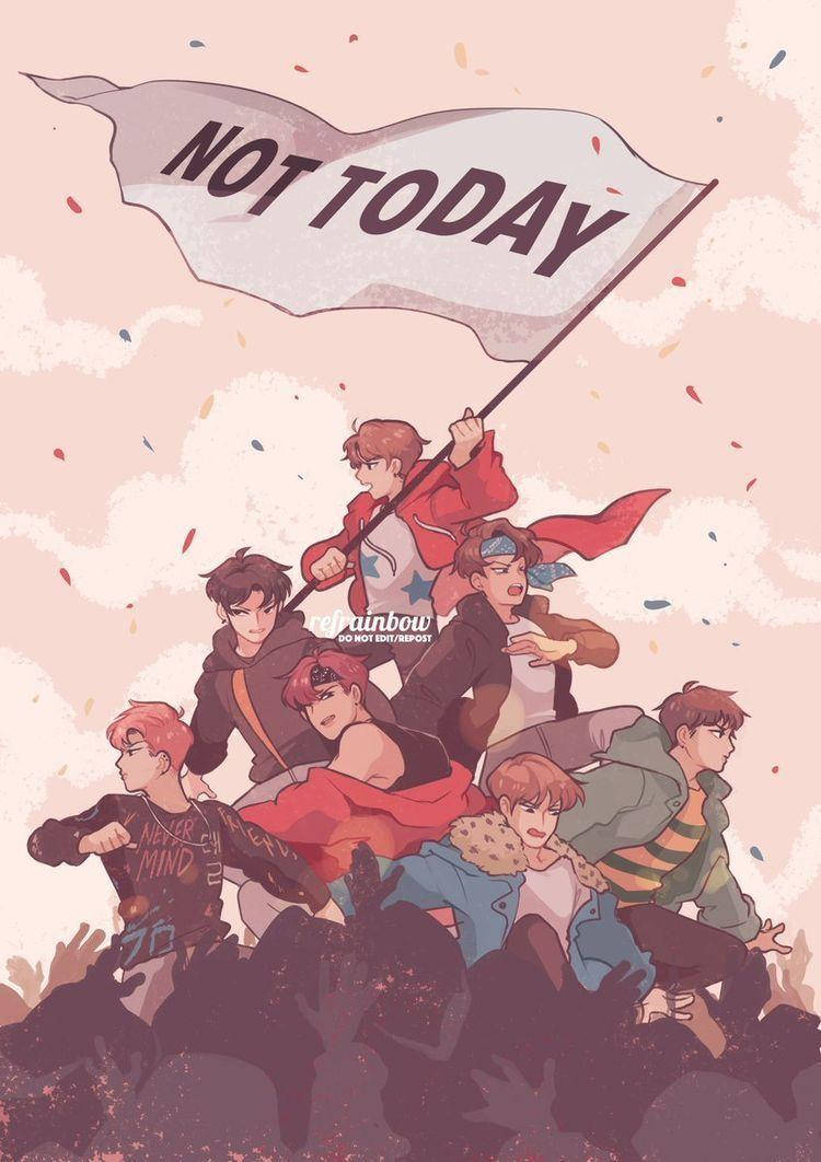 BTS 桌布 壁紙 — 一群動漫風格的男孩在粉彩天空下，挑釁地將一面「NOT TODAY」旗幟高舉在歡呼的人群之上。