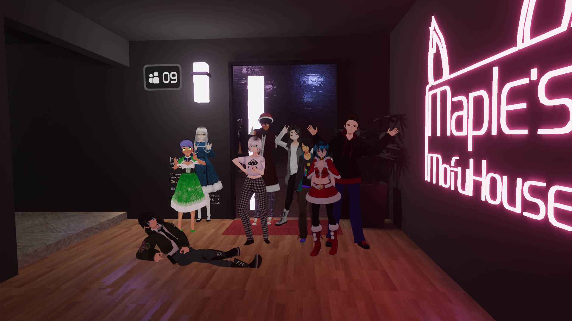 Vrchat 桌布 壁紙 — 一群動漫風格的角色在昏暗的房間裡擺姿勢，有一個發光的粉紅色霓虹燈牌寫著 Maple's Motel House。