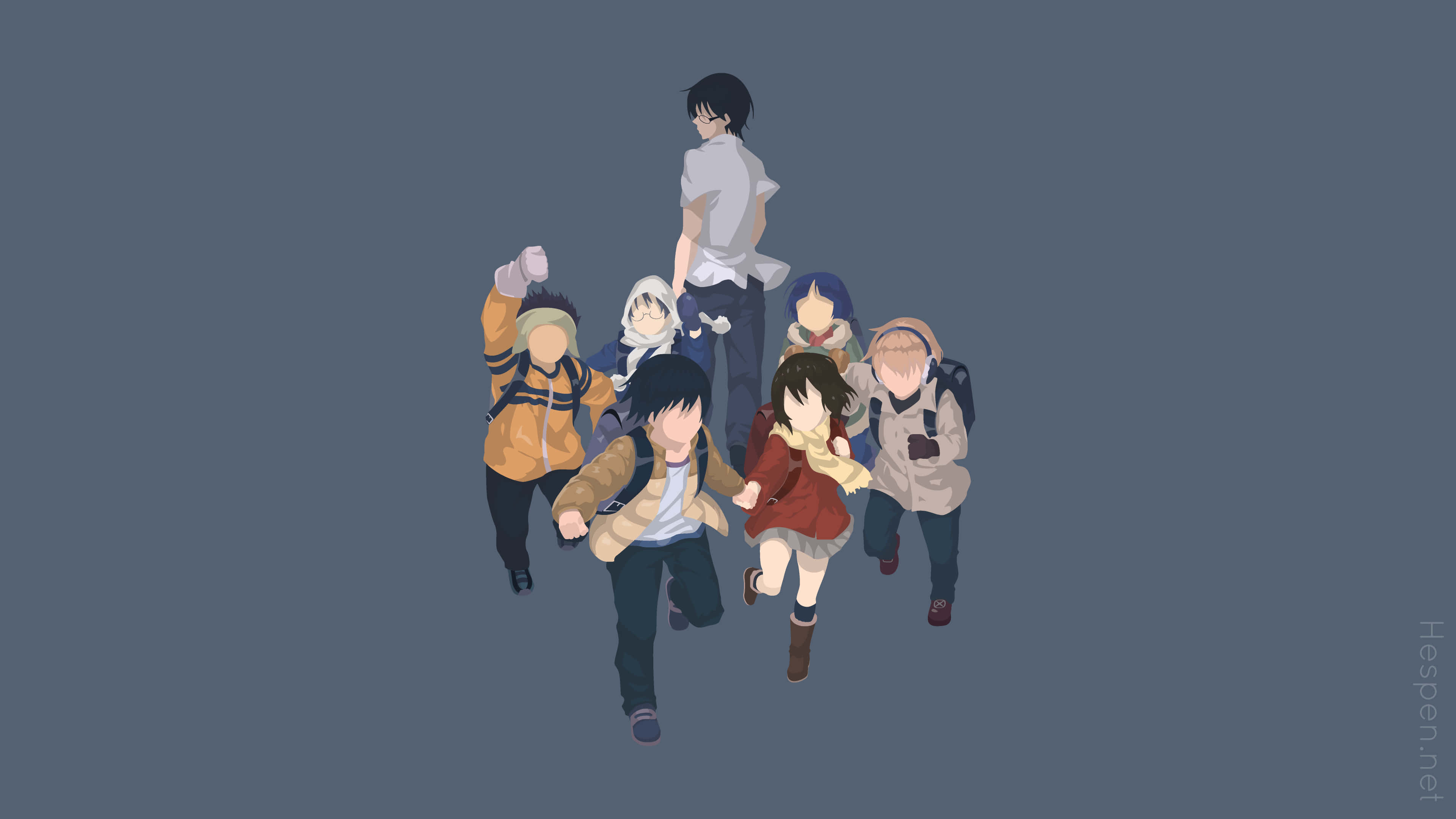 Erased 4K 桌布 壁紙 — 一群動漫風格的青少年穿著校服在純灰色背景上充滿活力地奔跑。