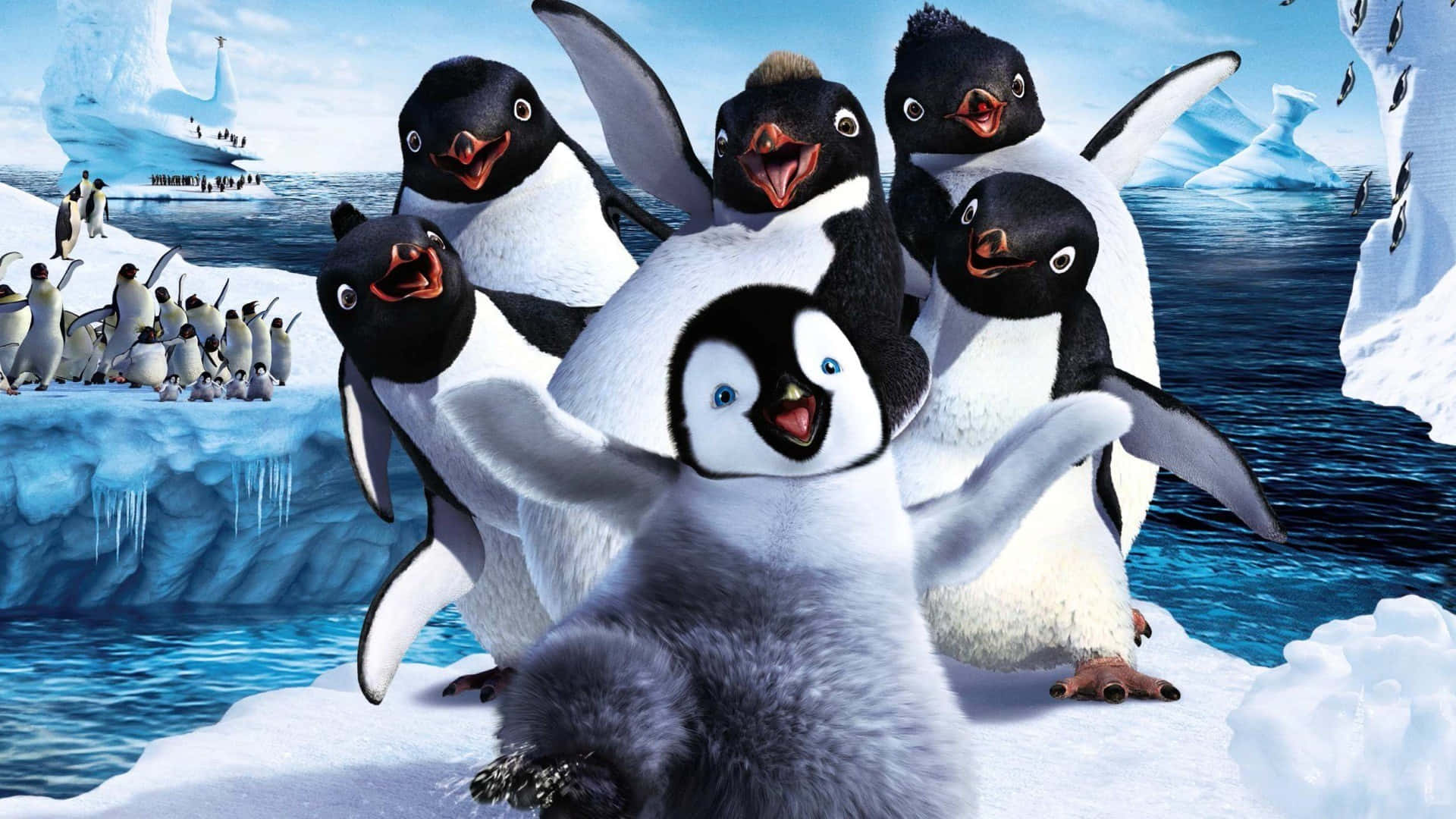 Penguin Funny 桌布 壁紙 — 一群動畫企鵝在冰天雪地上歡樂地聚集，前景有一隻企鵝寶寶。