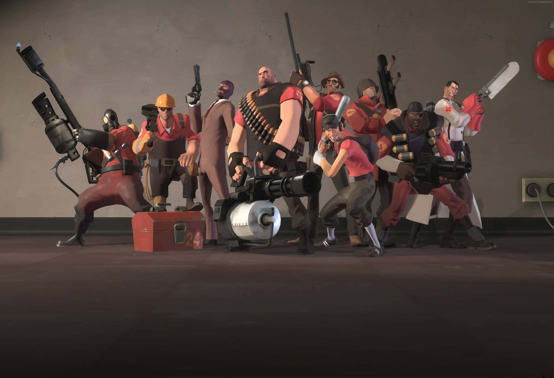 Tf2 桌布 壁紙 — 一群動畫傭兵身穿紅色制服，在昏暗的房間裡手持重型武器擺姿勢。
