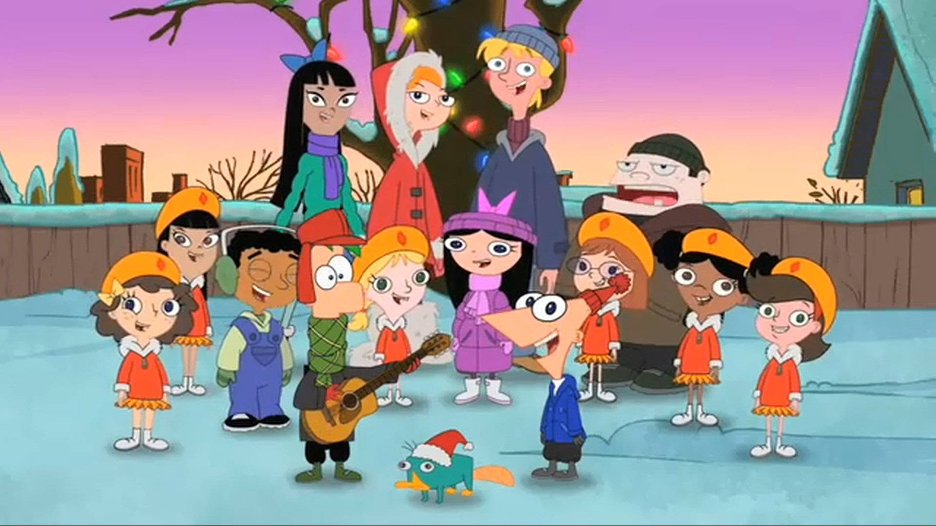Ferb 桌布 壁紙 — 一群動畫兒童和成人冬天在戶外聚集，唱頌歌，附近有一隻戴聖誕帽的小鳥。