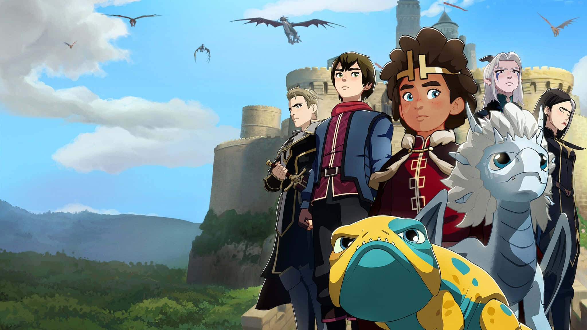 The Dragon Prince 桌布 壁紙 — 一群動畫冒險者，背景有龍和城堡，天空多雲。