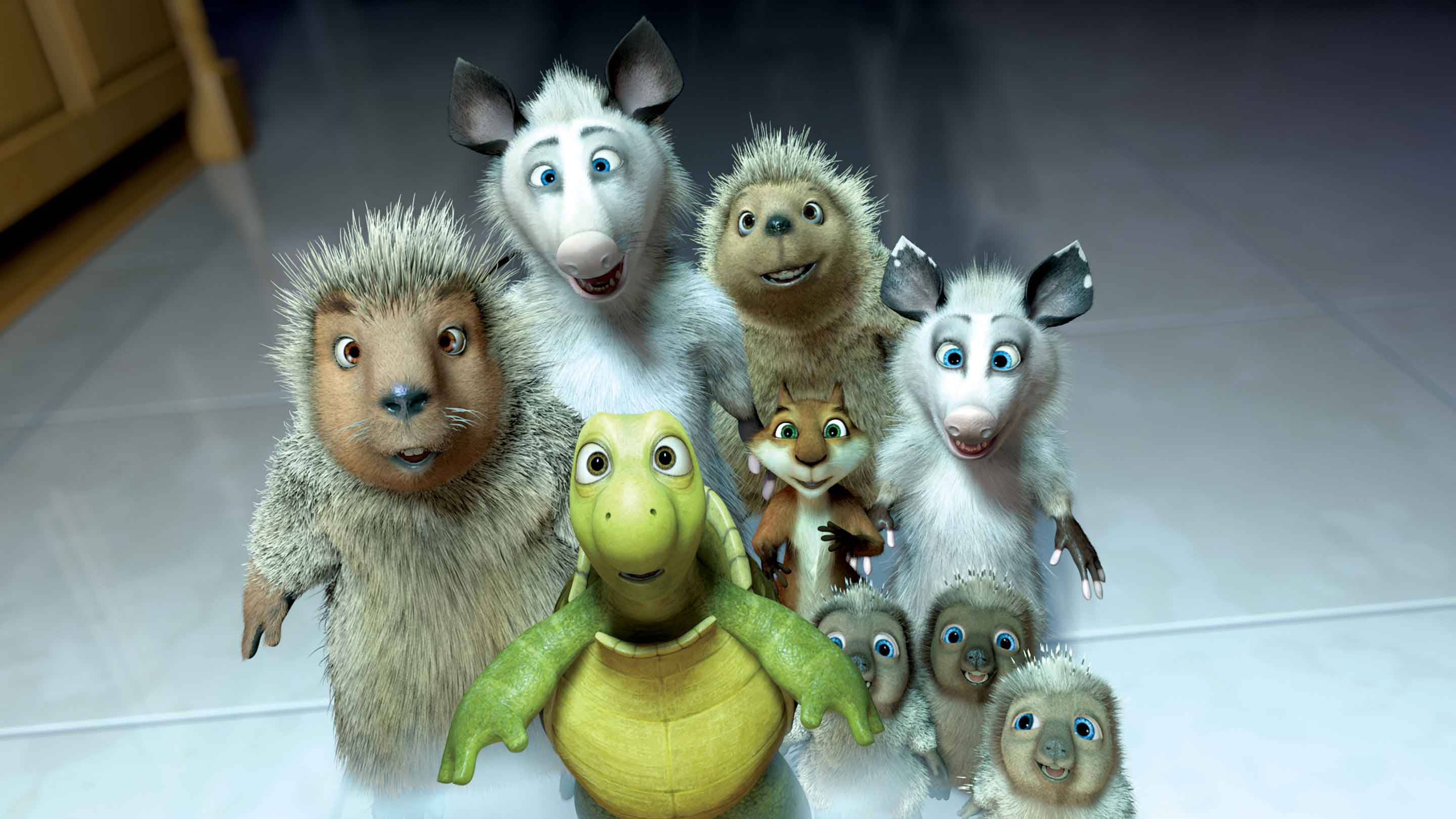 Over The Hedge 桌布 壁紙 — 一群動畫刺蝟和一隻烏龜在明亮的室內環境中愉快地擺姿勢。