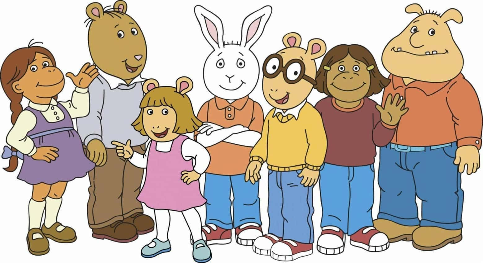 pbs kids 桌布 壁紙 — 一群動畫動物和人類兒童角色以友好的姿勢站在一起，充滿歡樂。