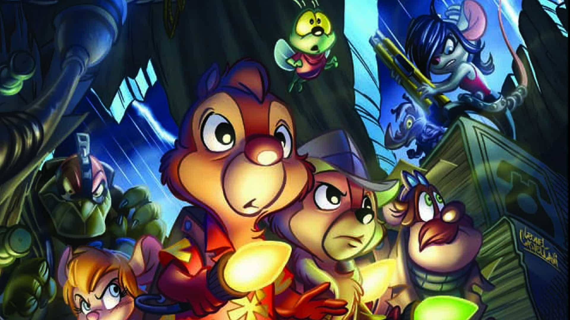 Cartoon Characters 桌布 壁紙 — 一群動畫動物角色在黑暗科幻場景中，帶有發光燈光和未來主義機械。