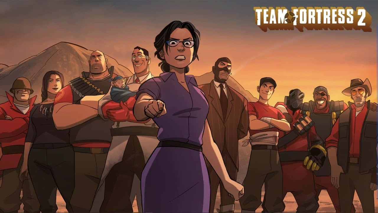 Steam Games 桌布 壁紙 — 一群動畫化的 Team Fortress 2 角色站在沙漠景觀中，夕陽西下，天空呈現戲劇性的橙色。