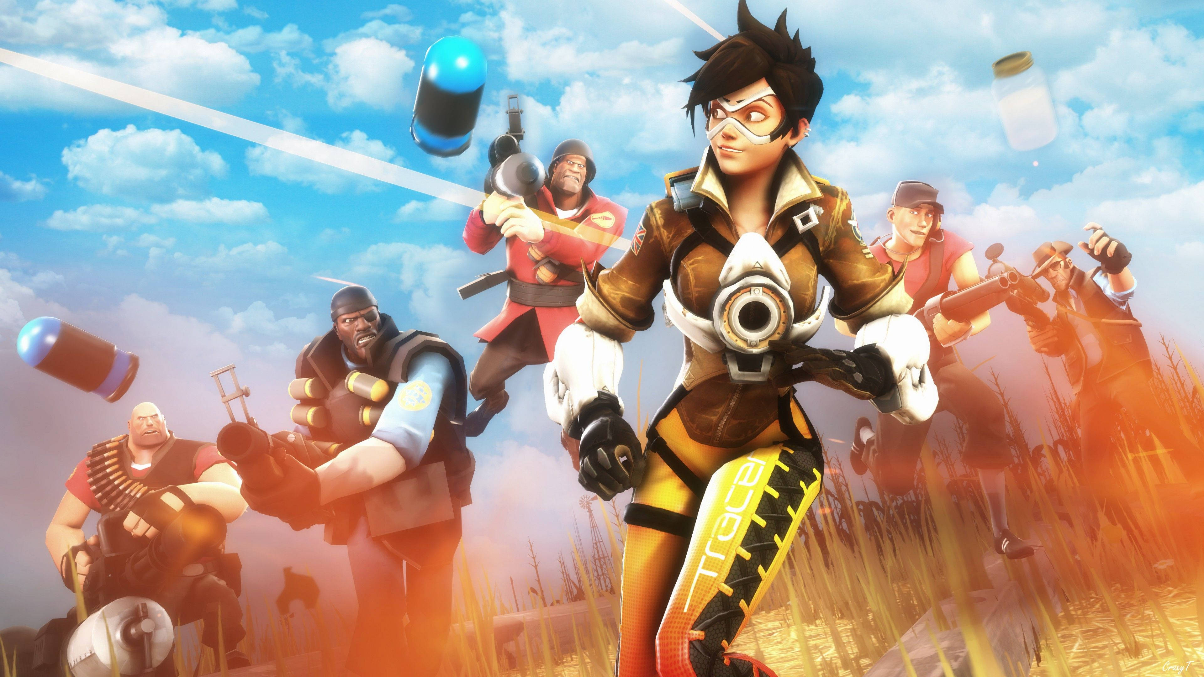 Tf2 桌布 壁紙 — 一群動畫化的《鬥陣特攻》英雄在明亮的藍天下以動感姿勢出現，伴隨著漂浮的子彈和熾熱的草地。