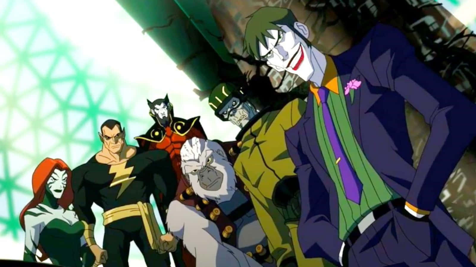 Supervillain Team-up 桌布 壁紙 — 一群動畫反派，包括小丑，在一個骯髒的城市小巷中，帶著綠色霓虹燈光，威嚇地站著。