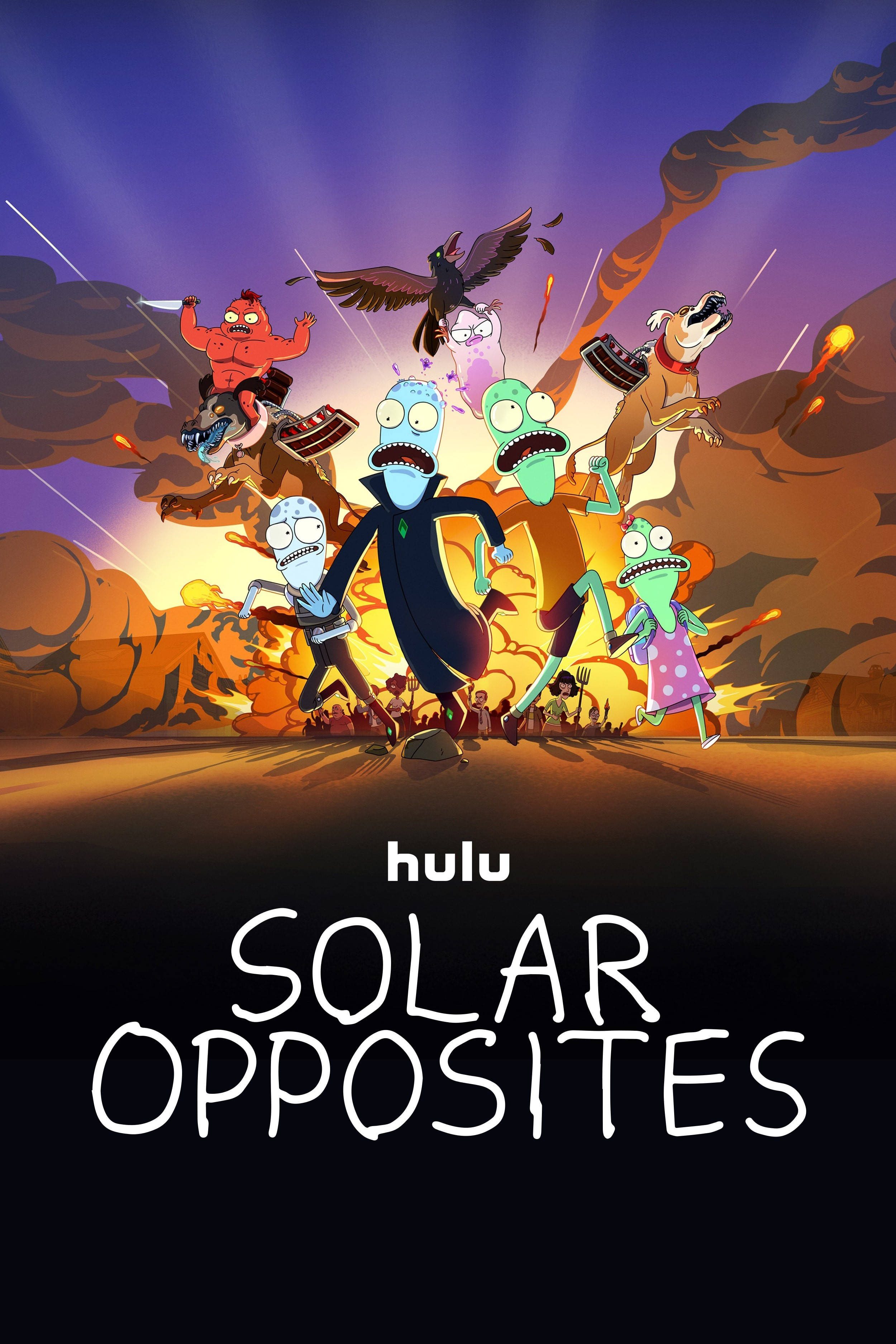 Animated 桌布 壁紙 — 一群動畫外星人角色在戲劇性的紫色日落天空下，瘋狂地跑過沙漠景觀。