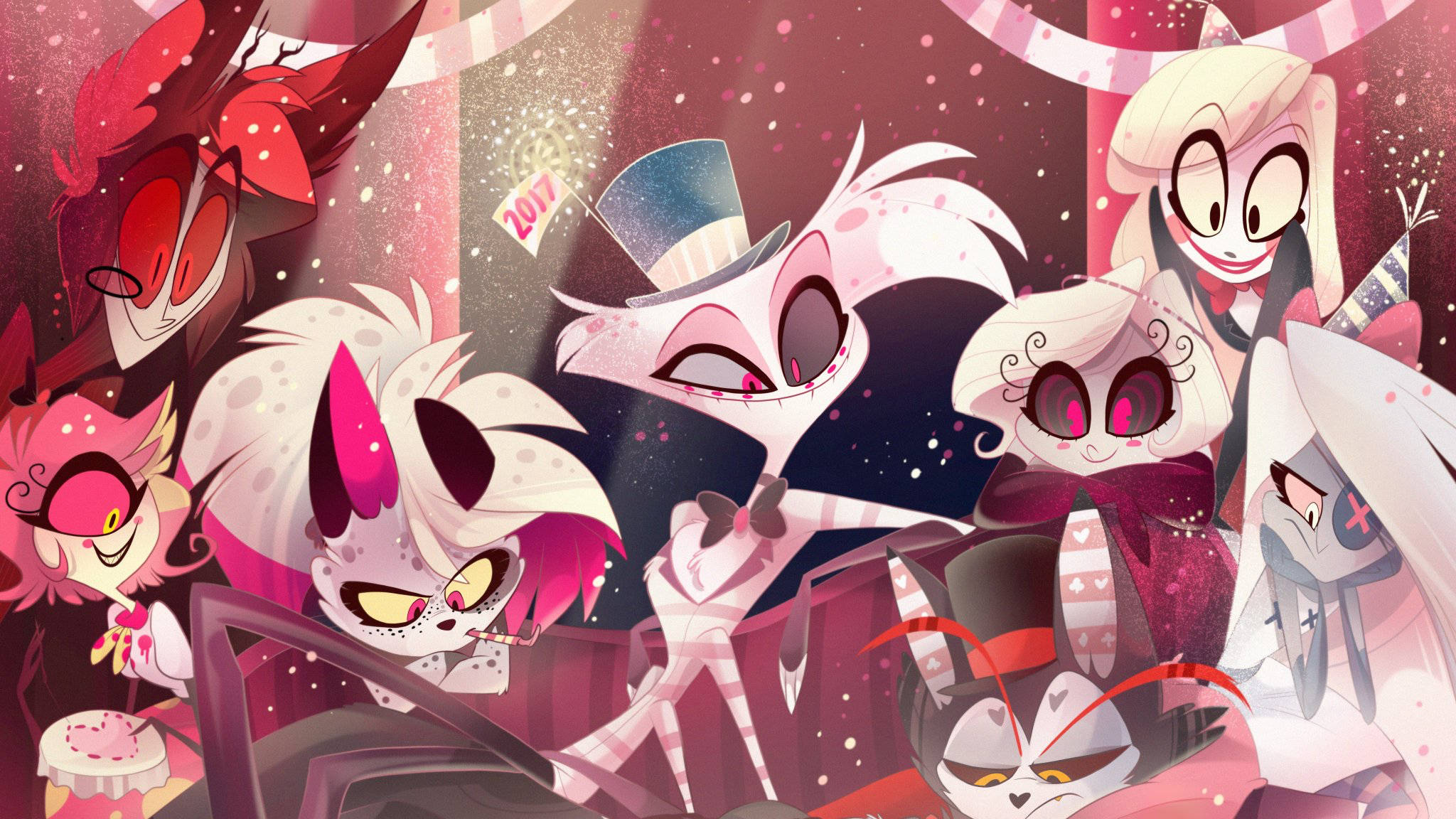 Hazbin Hotel 桌布 壁紙 — 一群動畫惡魔角色穿著派對服裝，在閃爍的燈光下慶祝，並帶有2017年的標誌。