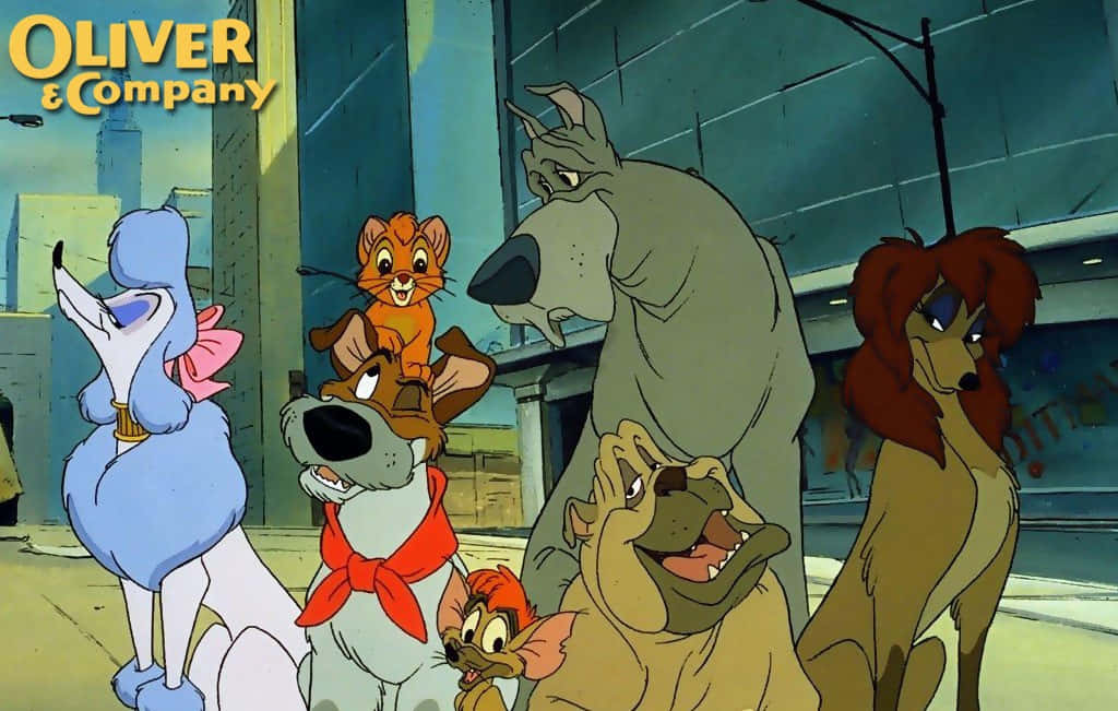oliver and company 桌布 壁紙 — 一群動畫狗和一隻貓聚集在城市小巷中，背景是藍天和建築物。