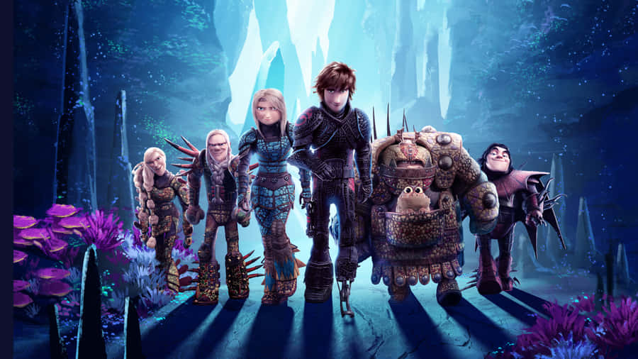 How To Train Your Dragon 4K 桌布 壁紙 — 一群動畫維京角色和他們的龍站在一個發光的藍色洞穴中，周圍有紫色植物。