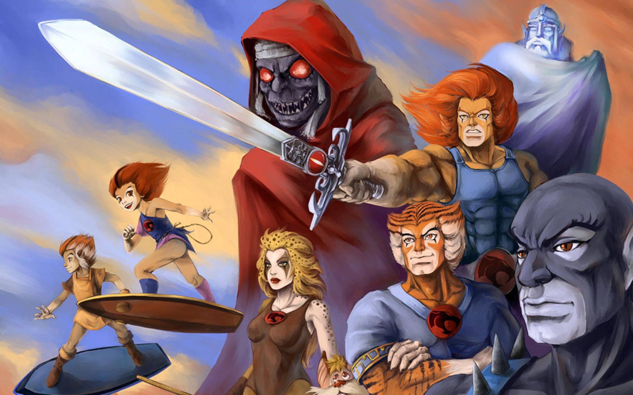 Thundercats 桌布 壁紙 — 一群動畫英雄與反派在火焰般的天空下戲劇性地擺出姿勢，一把巨大的劍劃破長空。