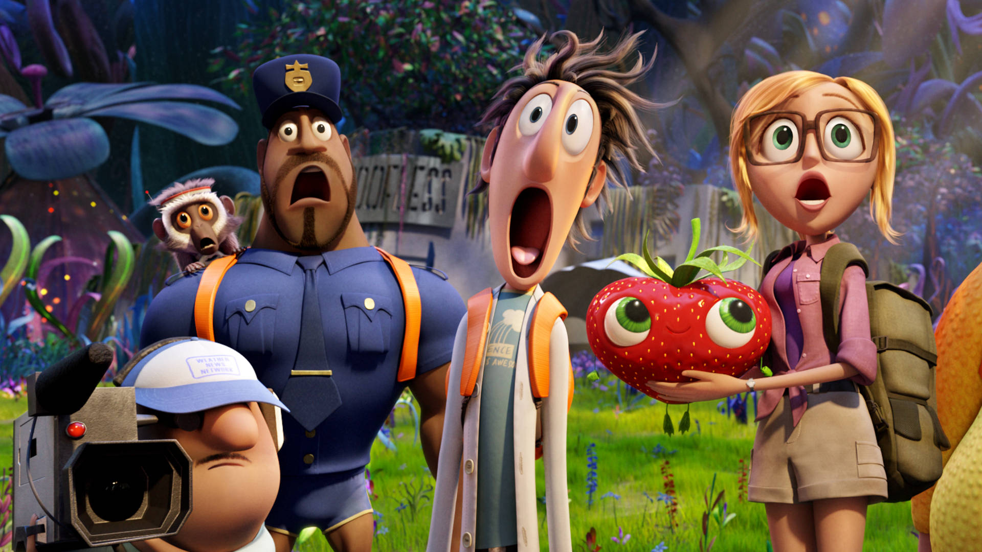 Animated 桌布 壁紙 — 一群動畫角色，包括有眼睛的草莓和一名警察，在充滿活力的叢林場景中震驚地反應。
