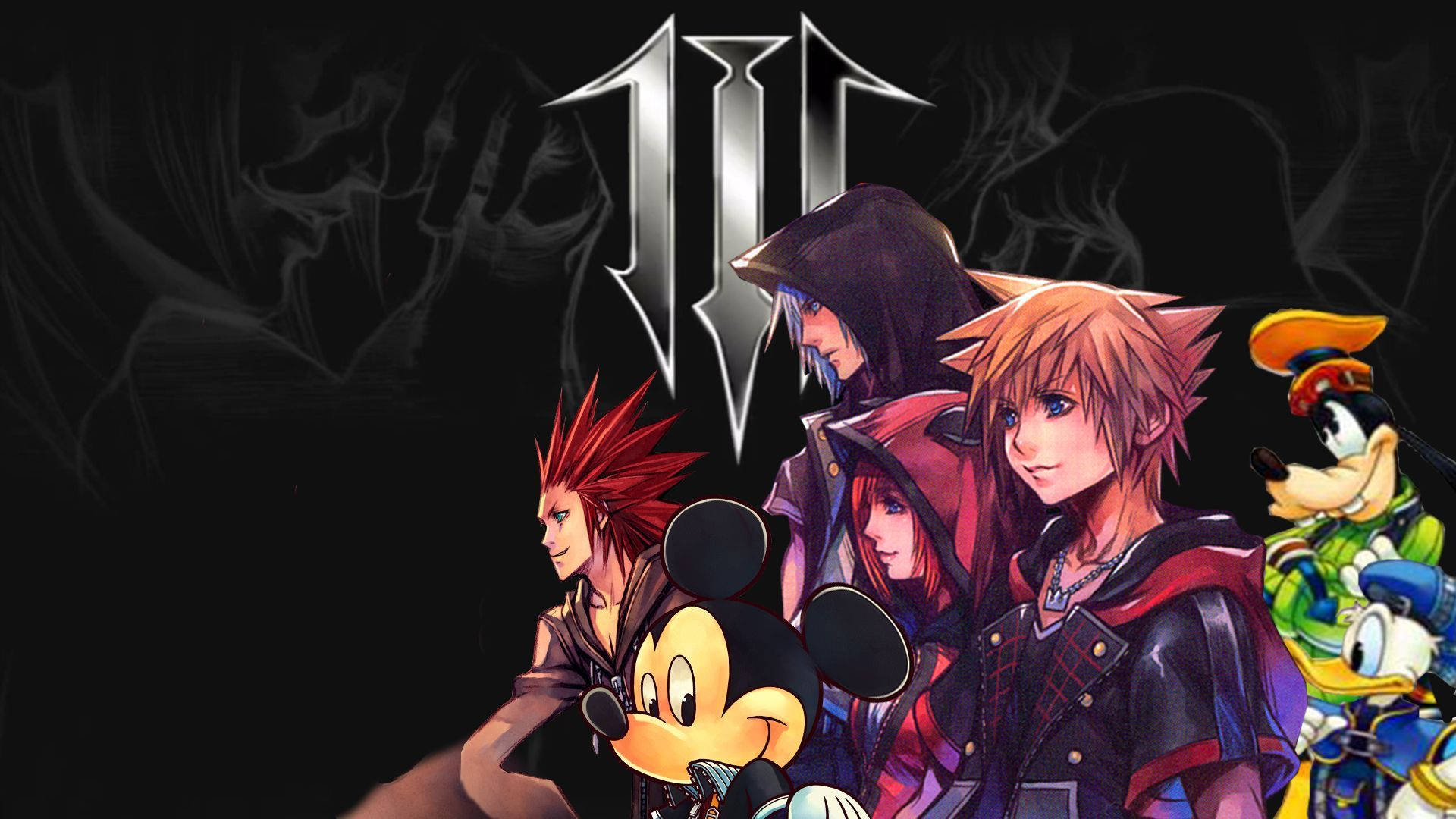Kingdom Hearts 3 桌布 壁紙 — 一群動畫角色，包括米奇老鼠和索拉，站在發光的Kingdom Hearts標誌前，背景陰暗煙霧彌漫。