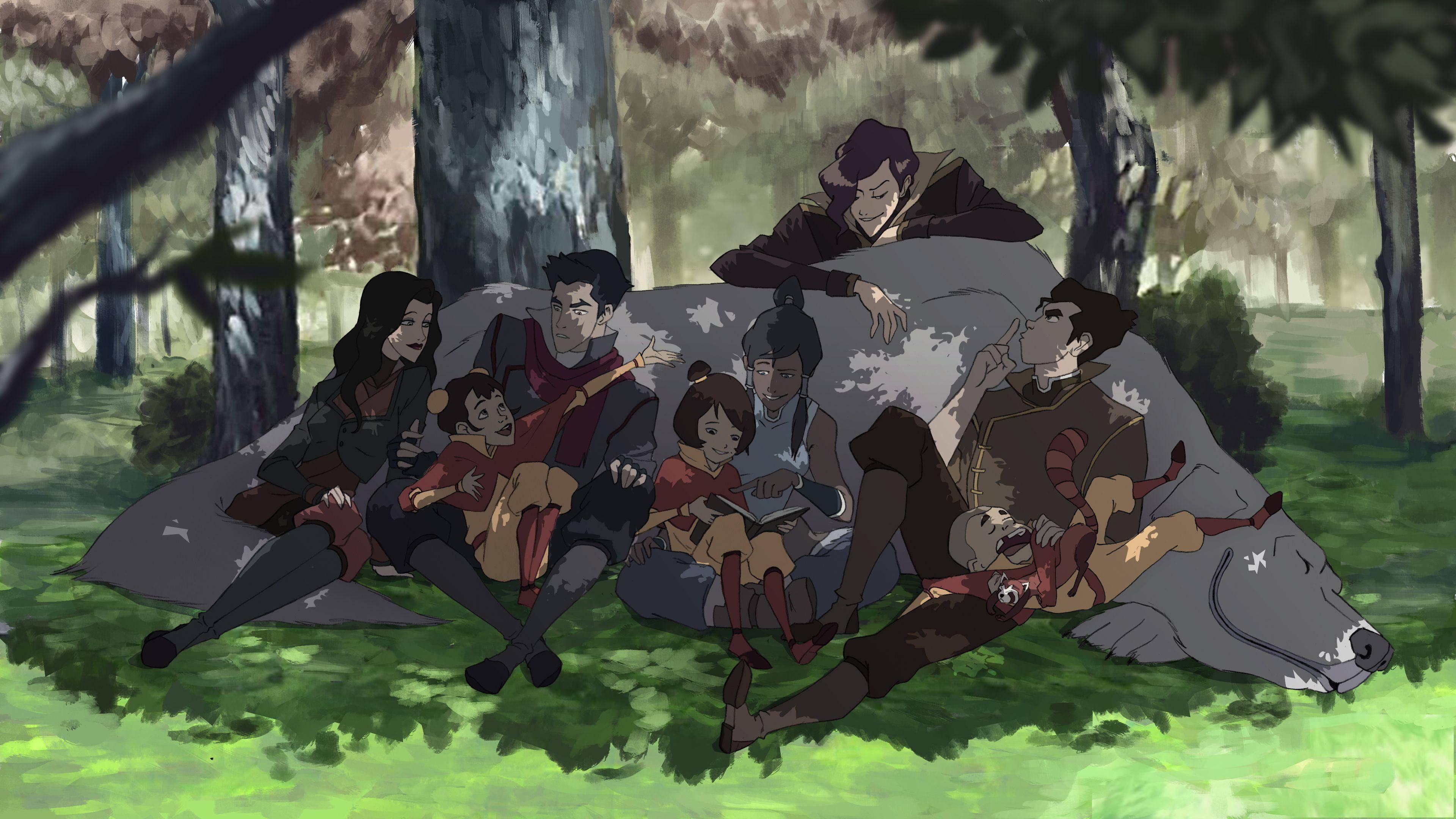 Korra 桌布 壁紙 — 一群動畫角色一起在陽光斑駁的森林空地中，躺在一頭正在睡覺的大型野牛上休息。