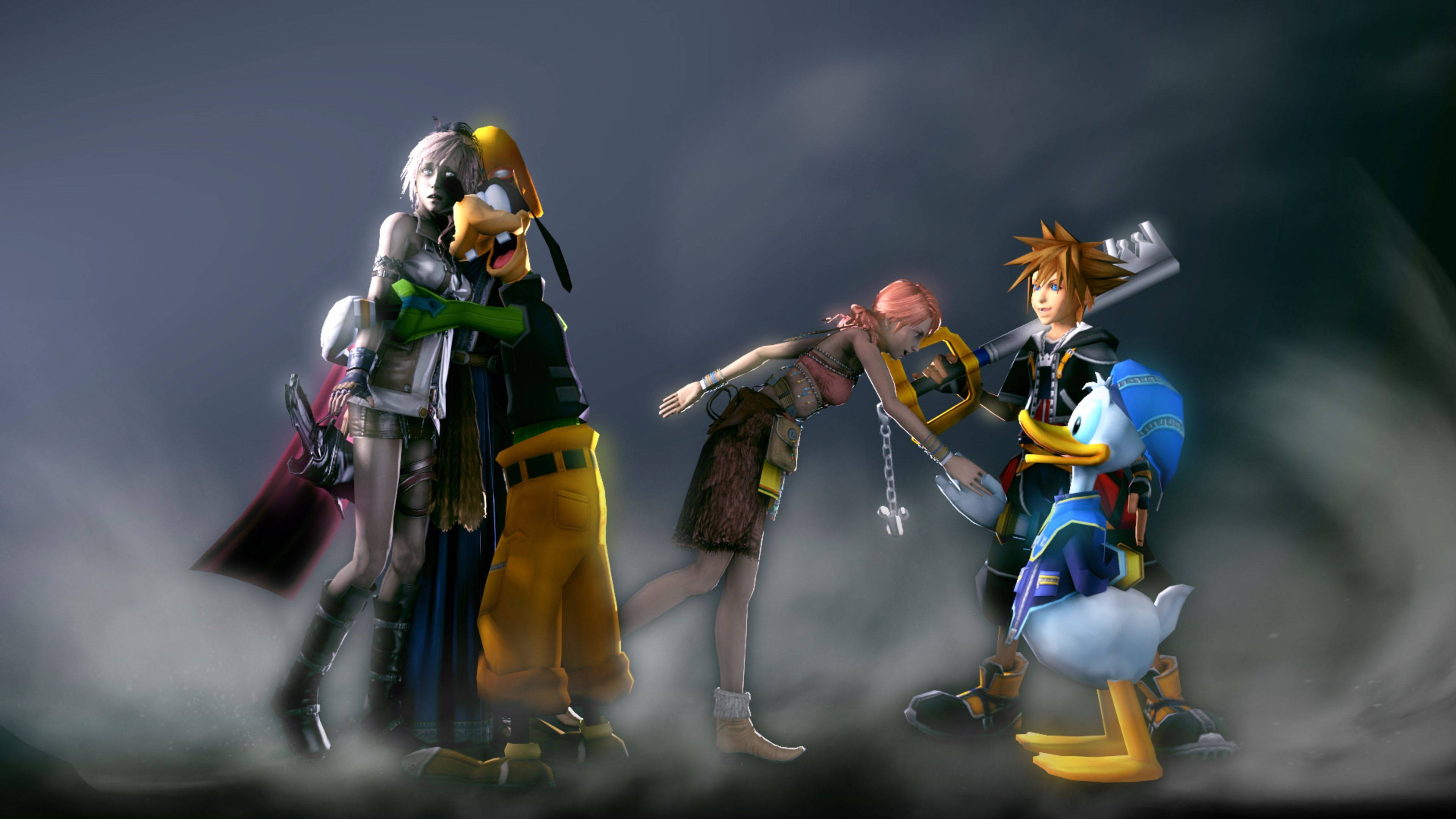 Kingdom Hearts 3 桌布 壁紙 — 一群動畫角色在陰沉天空下，於旋轉的黑暗迷霧中擺出戲劇性姿勢。