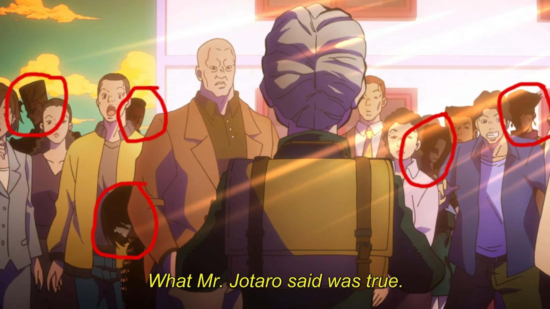 joseph joestar 桌布 壁紙 — 一群動畫角色從背後觀看一個背著背包的中心人物，金色光線穿過窗戶照射進來。