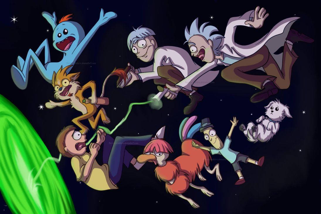 rick 桌布 壁紙 — 一群動畫角色愉快地漂浮在星空之中，伴隨著一條發光的綠色彗星尾巴。