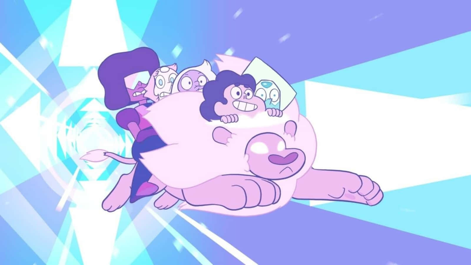 Steven Universe iPad 桌布 壁紙 — 一群動畫角色騎著一隻巨大的粉紅色生物穿過發光的晶體隧道。