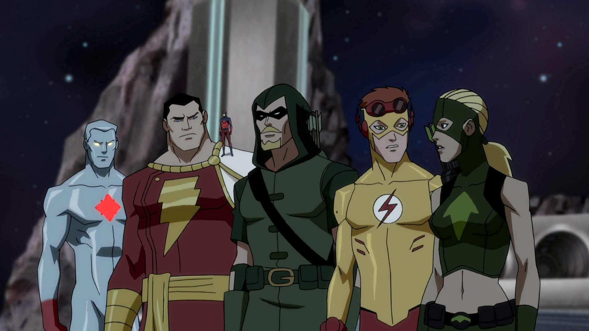 Young Justice 桌布 壁紙 — 一群動畫超級英雄站在繁星點點的夜空下，身後有一座發光的塔。
