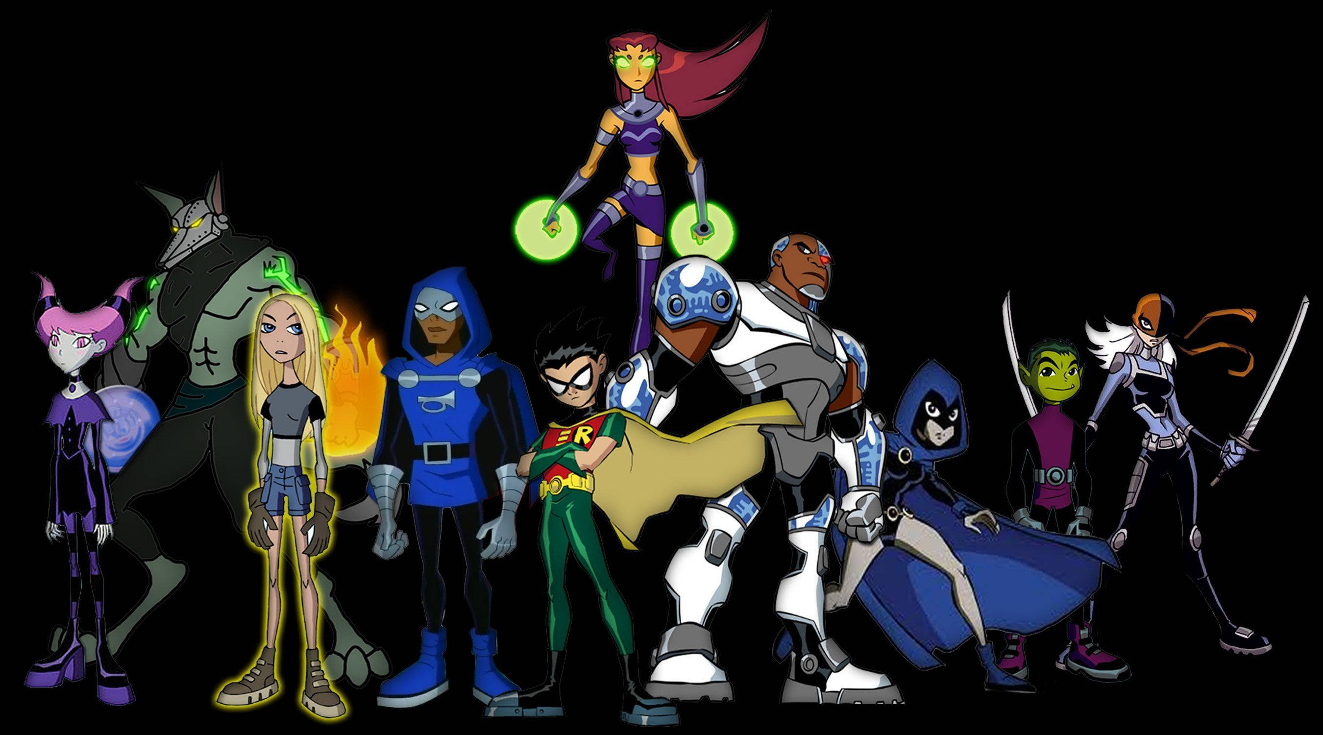 teen titans go 桌布 壁紙 — 一群動畫超級英雄角色在黑色背景前擺出動感姿勢，帶有發光效果。