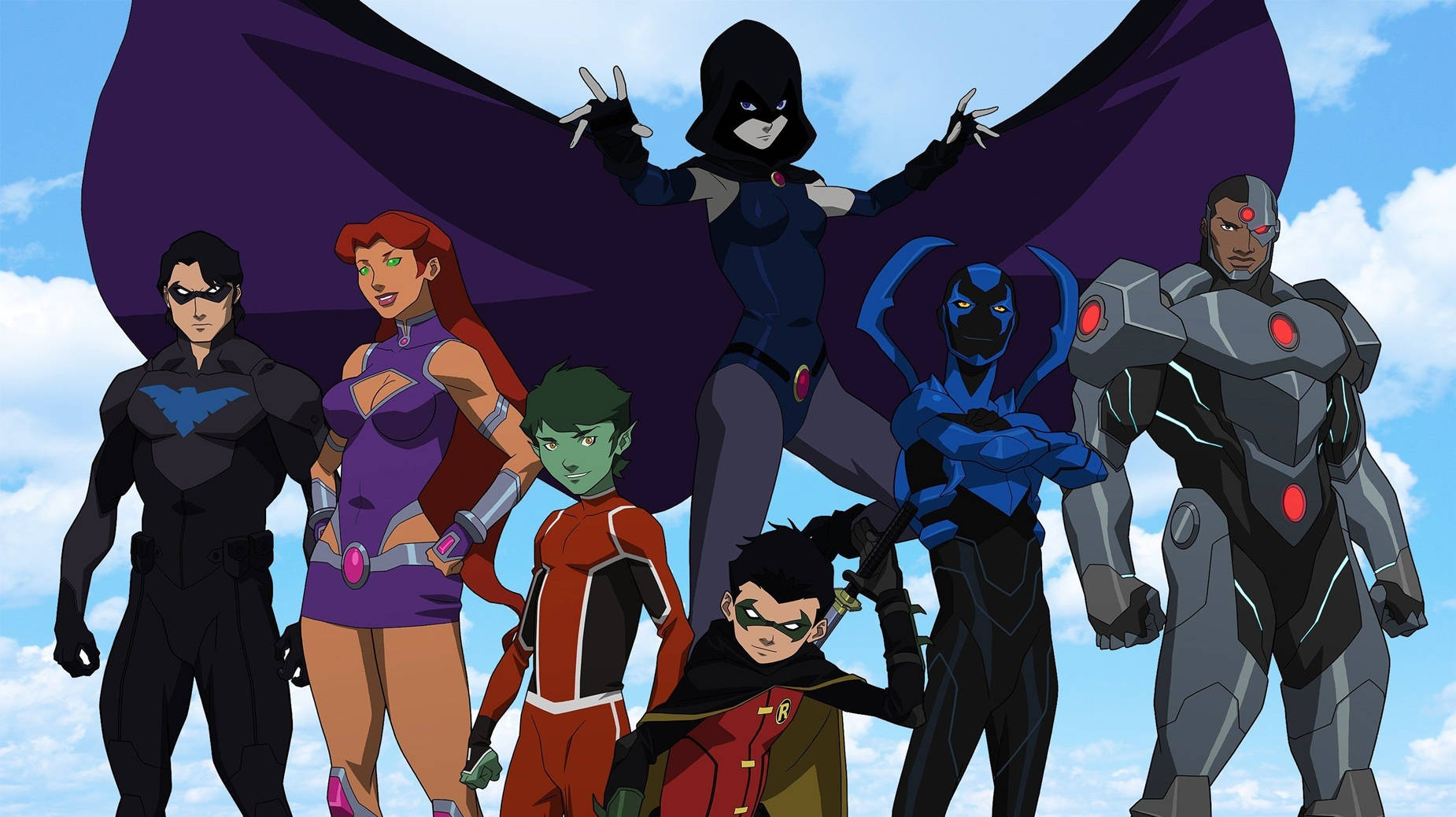 teen titans go 桌布 壁紙 — 一群動畫超級英雄角色穿著色彩繽紛的服裝，自信地站在藍天白雲下。
