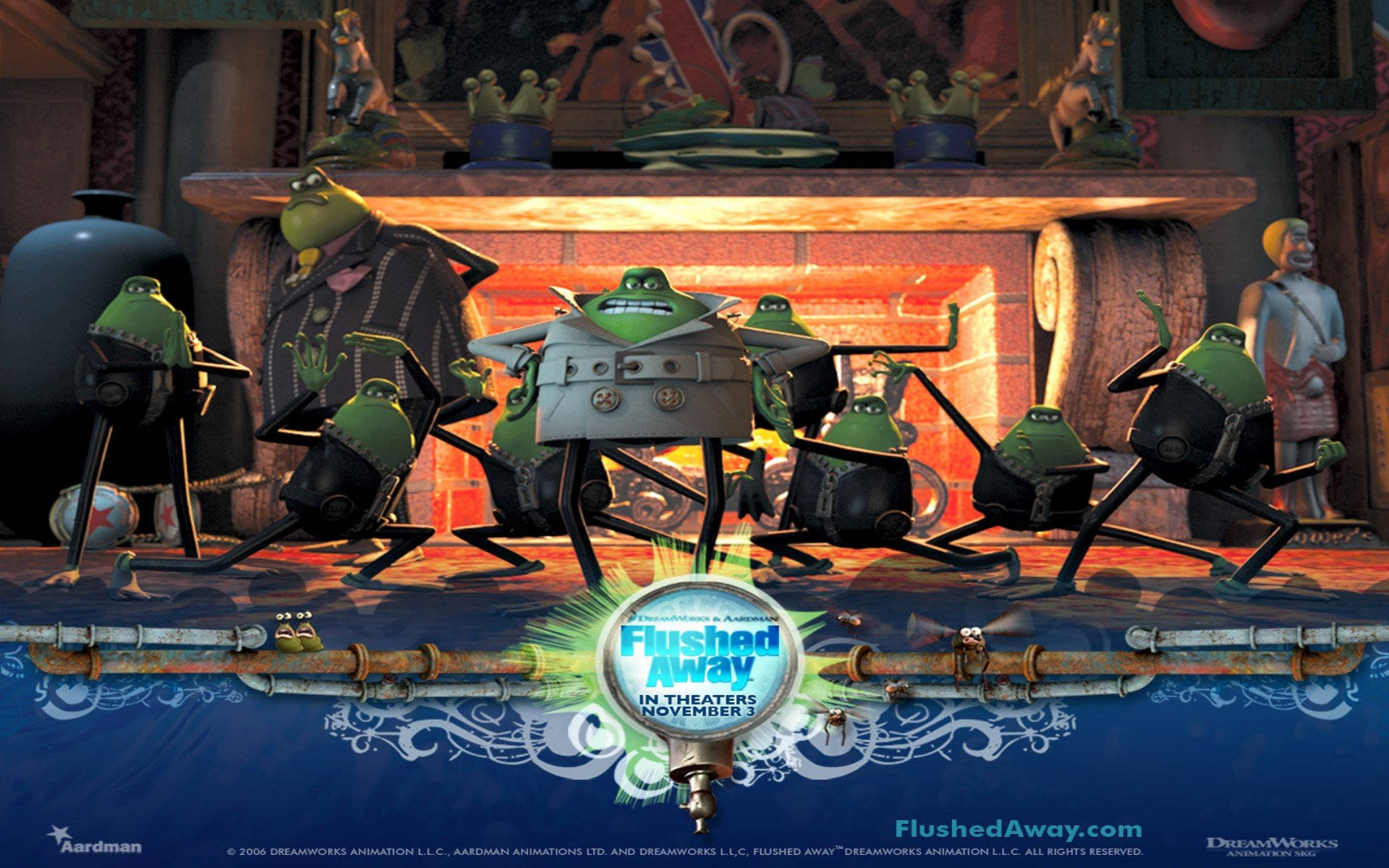Flushed Away 桌布 壁紙 — 一群動畫青蛙穿著軍裝，在管道舞台上，在熊熊燃燒的壁爐前演奏樂器。