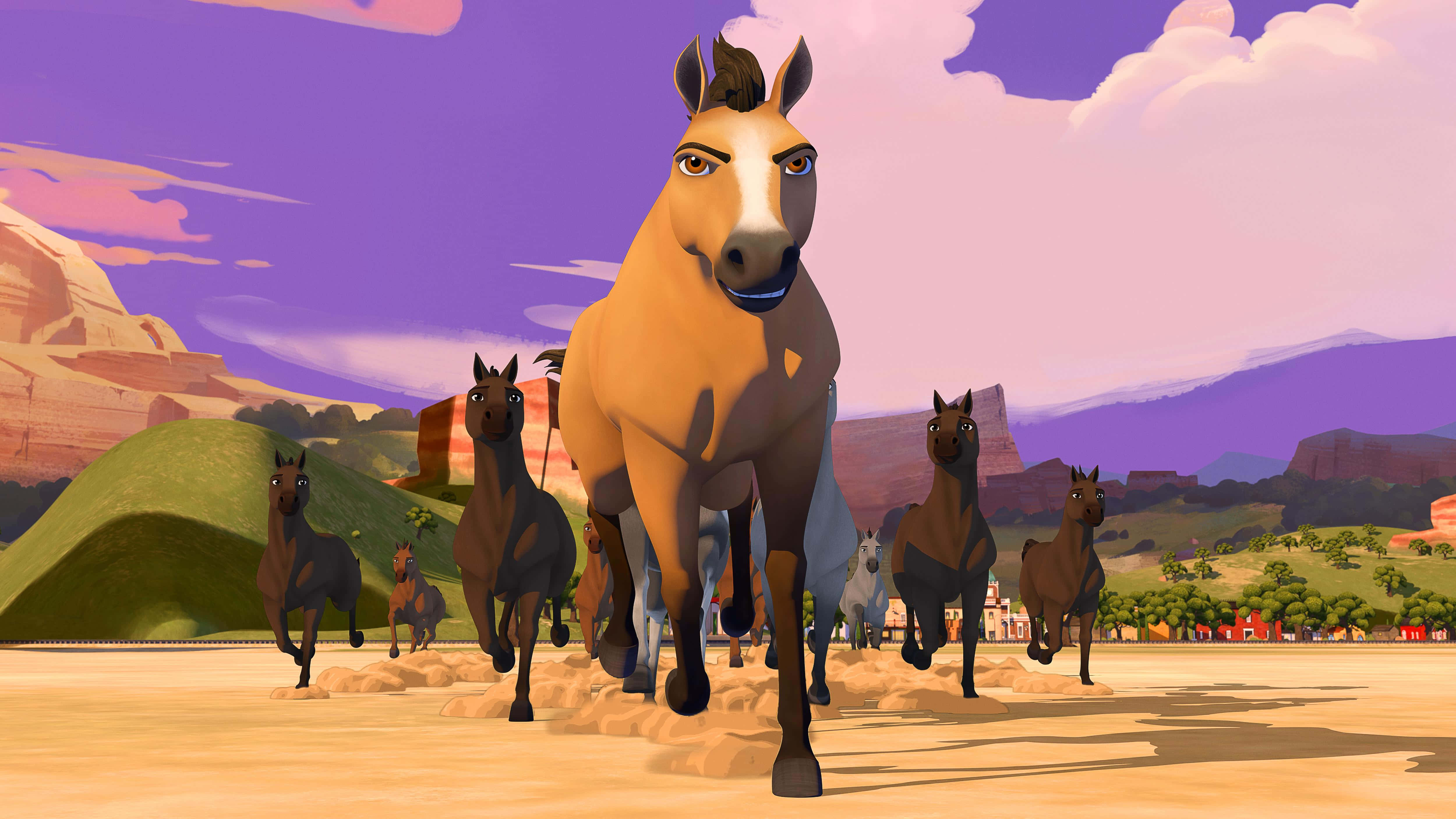 Animated 桌布 壁紙 — 一群動畫馬匹在紫色日落天空下，奔馳過沙漠平原，遠處有山脈。