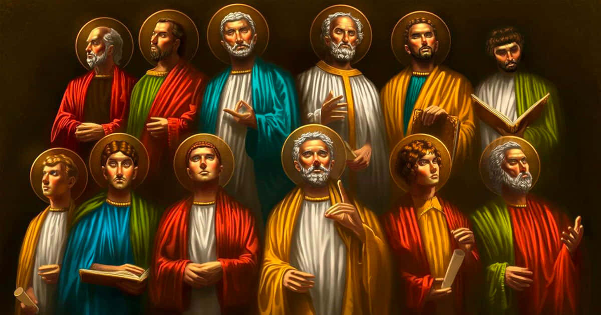Jesus Disciples 桌布 壁紙 — 一群十二位帶光環的男子身穿彩色長袍，手持書籍，在深色背景下莊嚴地做手勢。