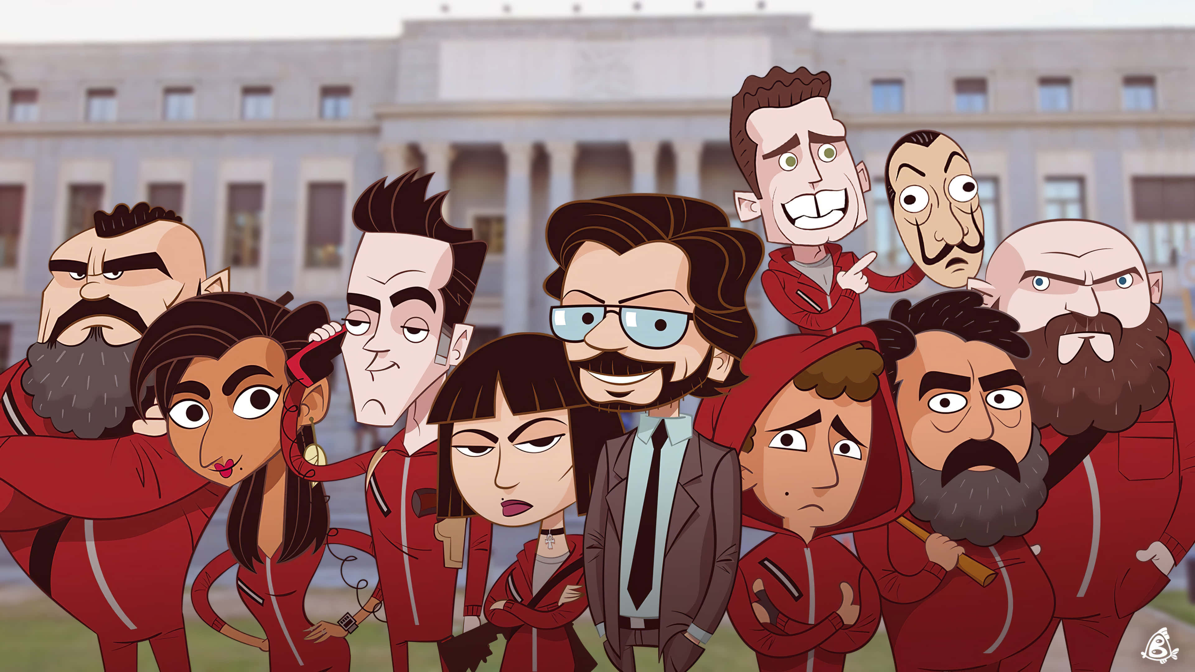 Money Heist Mask 桌布 壁紙 — 一群卡通人物穿著紅色連身衣，站在古典建築前，表情誇張。
