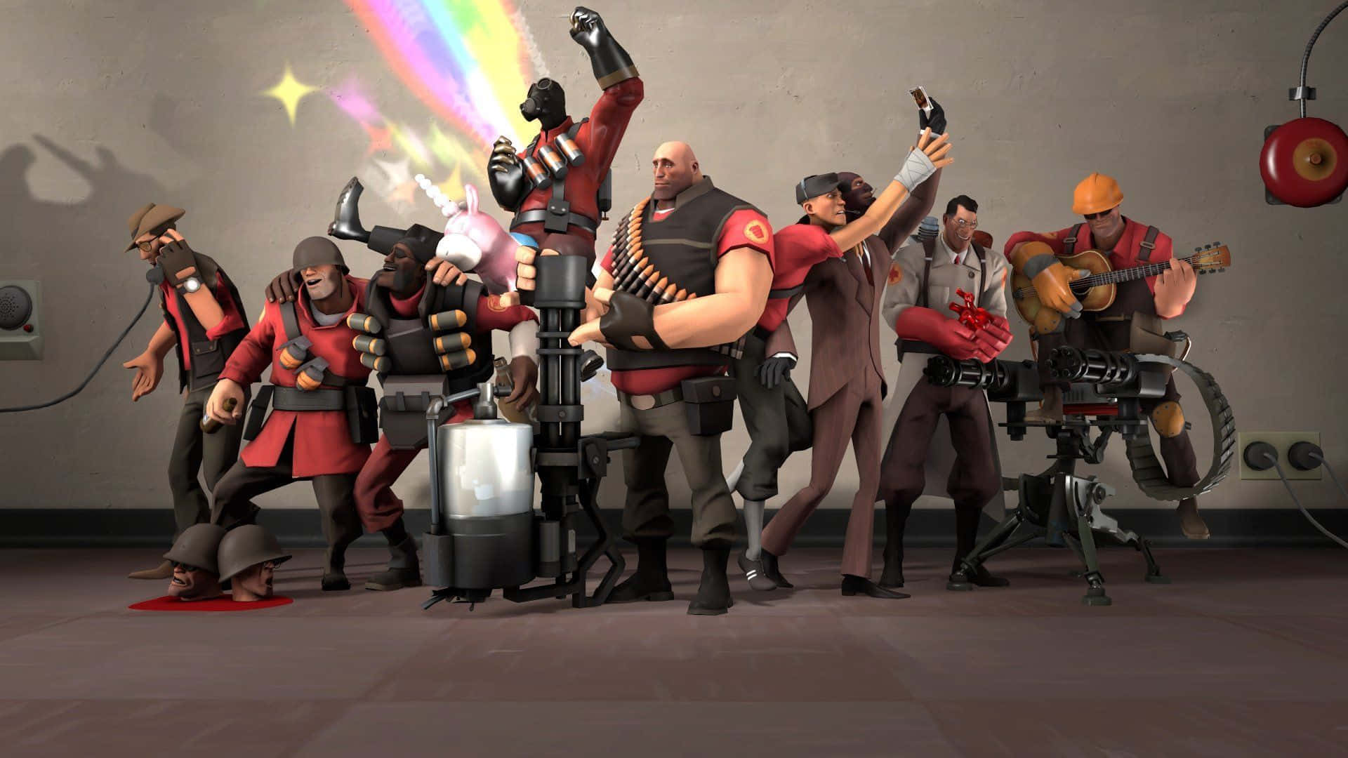 Team Fortress 2 桌布 壁紙 — 一群卡通士兵穿著紅色制服，在樸素的房間裡拿著武器和彩虹擺姿勢。