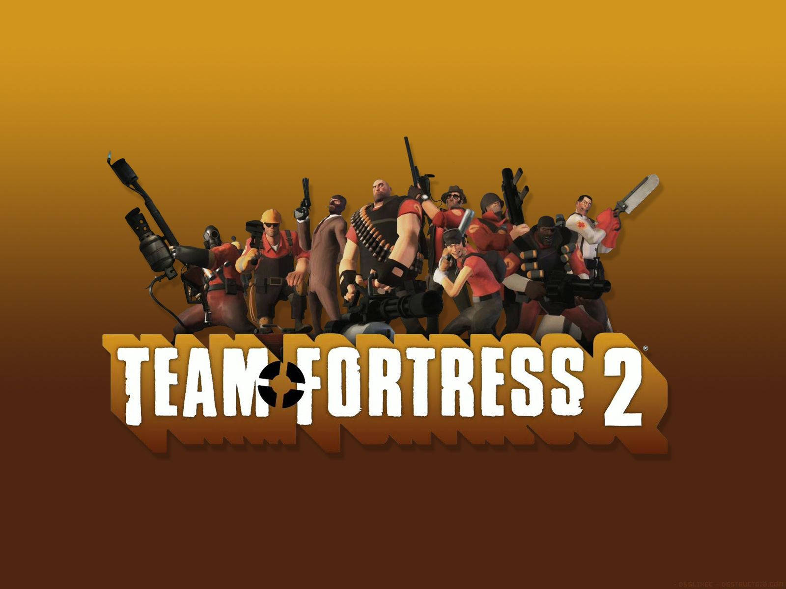 Team 桌布 壁紙 — 一群卡通士兵穿著紅色制服，手持武器，在橙棕色漸變背景前擺姿勢，下方有 Team Fortress 2 標誌。