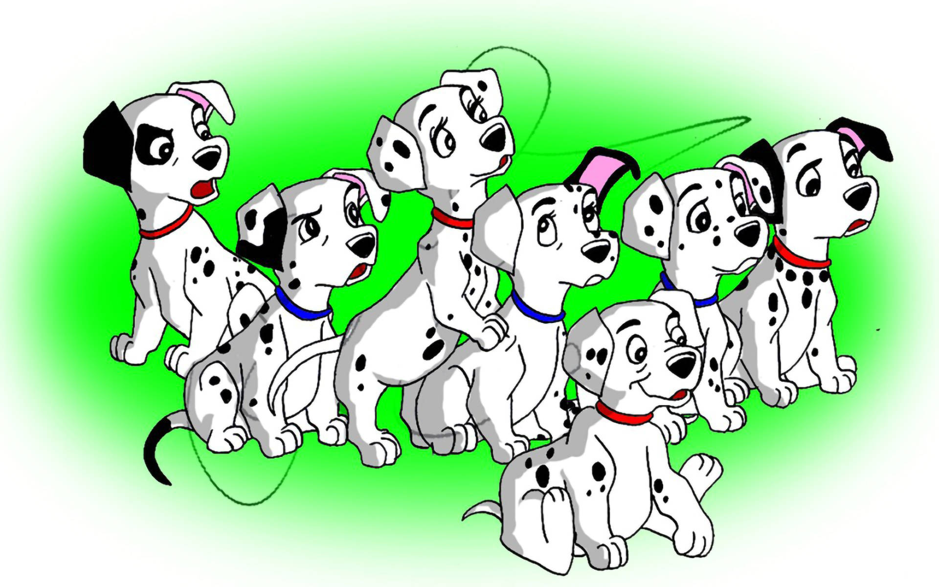 101忠狗 桌布 壁紙 — 一群卡通斑點狗幼犬，表情各異，戴著色彩繽紛的項圈，坐在明亮的綠色漸變背景前。