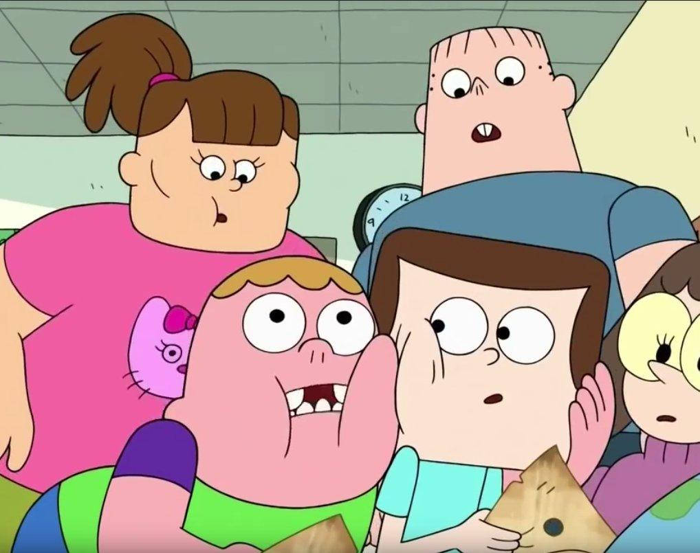 Animated 桌布 壁紙 — 一群卡通角色睜大眼睛，露出震驚的表情，在色彩鮮豔的室內場景中凝視著螢幕外的某樣東西。