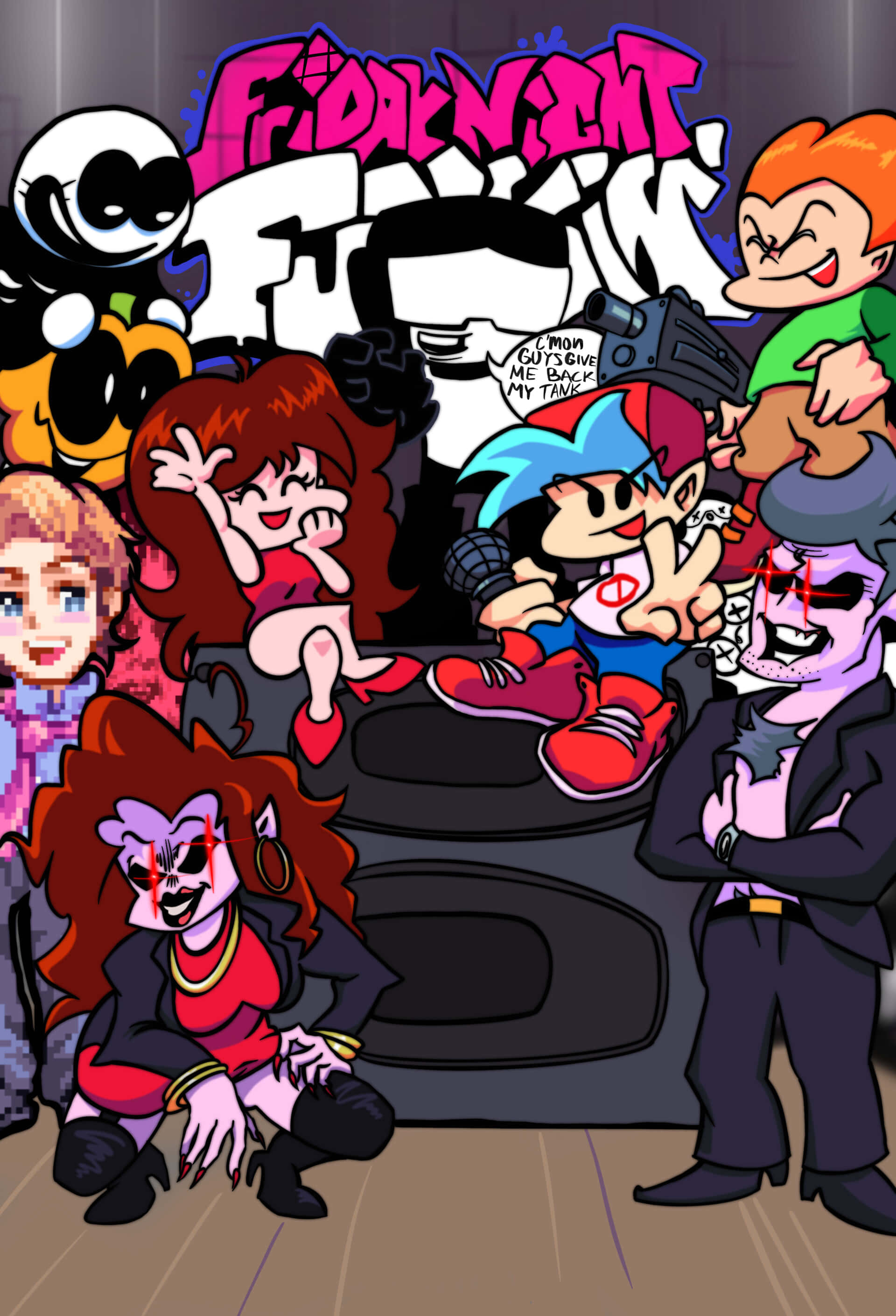 一群卡通角色站在一輛車前 壁紙