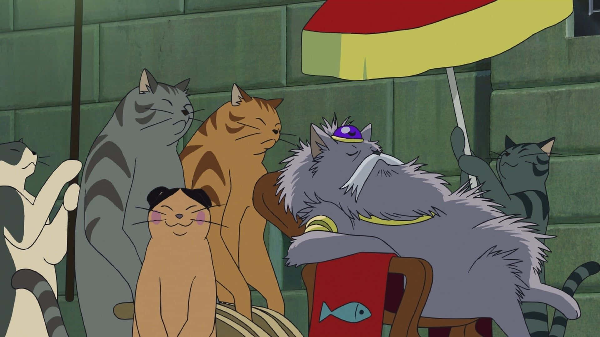 the cat returns 桌布 壁紙 — 一群卡通貓咪在紅黃相間的雨傘下，靠著綠色磚牆休憩。