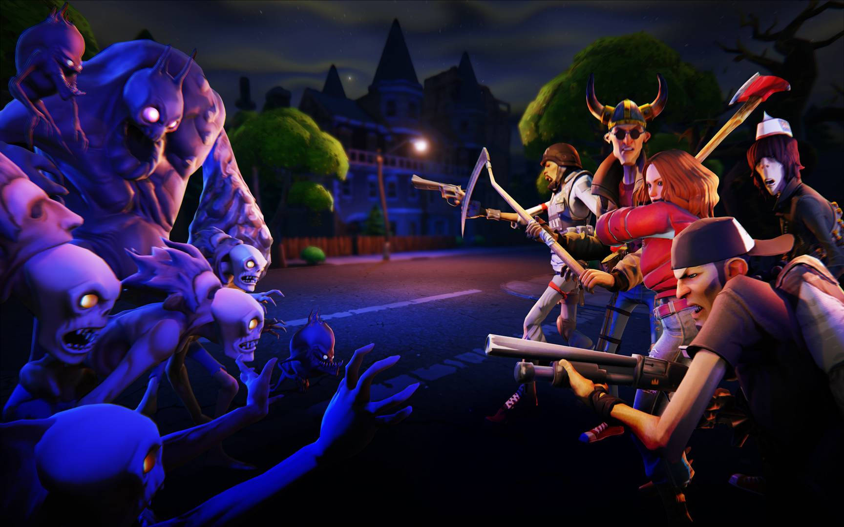 Fortnite 桌布 壁紙 — 一群卡通風格的武裝倖存者在夜晚的黑暗郊區街道上面對一群發光眼睛的殭屍。