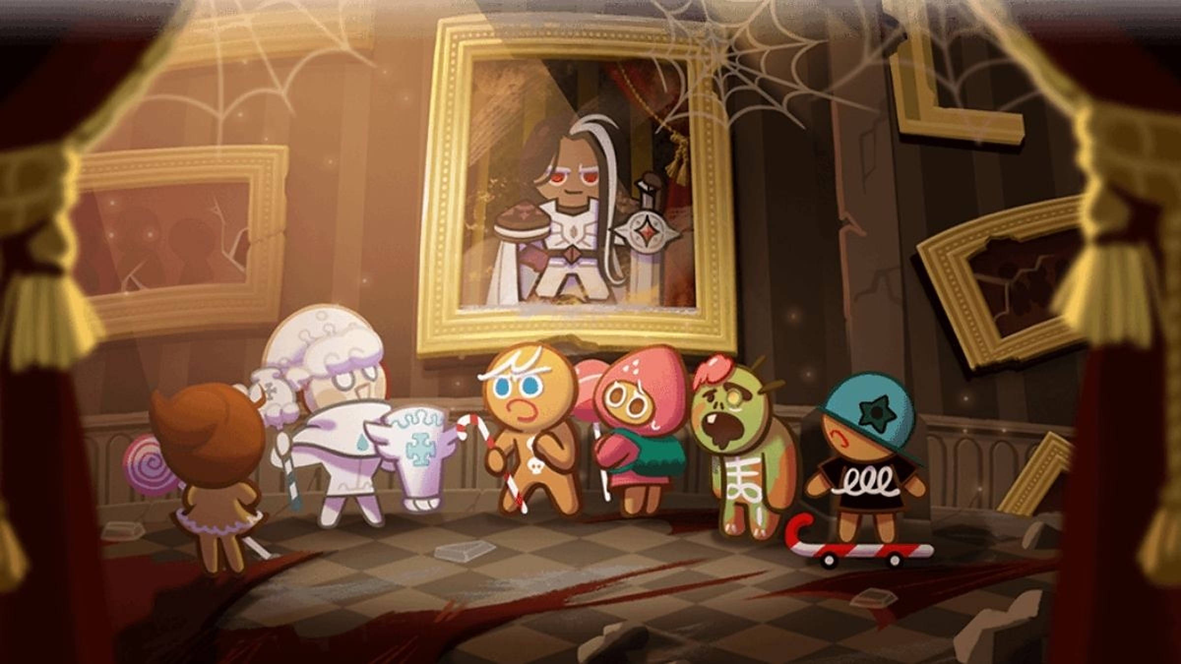 Cookie Run 桌布 壁紙 — 一群卡通餅乾角色站在一個佈滿灰塵和蜘蛛網的房間裡，房間裡有破損的相框和一幅嚴肅餅乾角色的畫像。